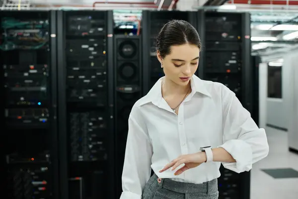 Una donna in camicia bianca controlla il suo smartwatch mentre gestisce le operazioni del server in un data center. — Foto stock