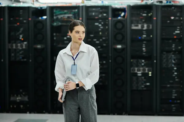 Eine Frau im weißen Hemd beschäftigt sich aktiv mit Server-Hardware in einem Rechenzentrum. — Stockfoto