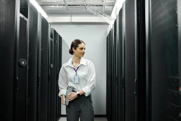 Eine Frau im weißen Hemd arbeitet fleißig in einem modernen Serverraum und verwaltet Systeme. — Stockfoto