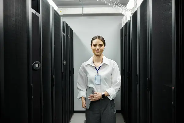 Преданная женщина в белой рубашке усердно работает в высокотехнологичной серверной, поддерживая системы. — стоковое фото