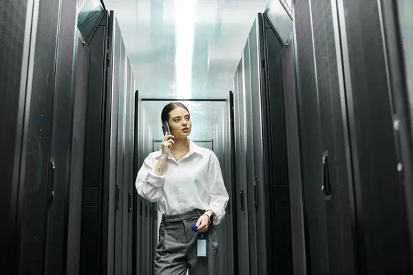 Uno specialista IT che indossa una camicia bianca è impegnato nel lavoro all'interno di una elegante sala server. — Foto stock