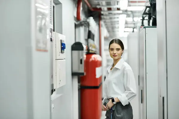 Eine engagierte Frau im weißen Hemd verwaltet gekonnt Serverhardware in einem Rechenzentrum. — Stockfoto