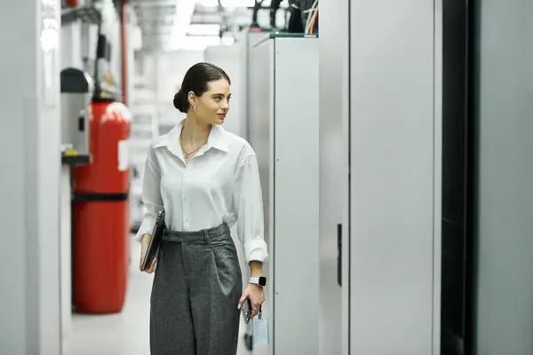 A professional woman works diligently in a contemporary server room, ensuring system integrity. — Stock Photo