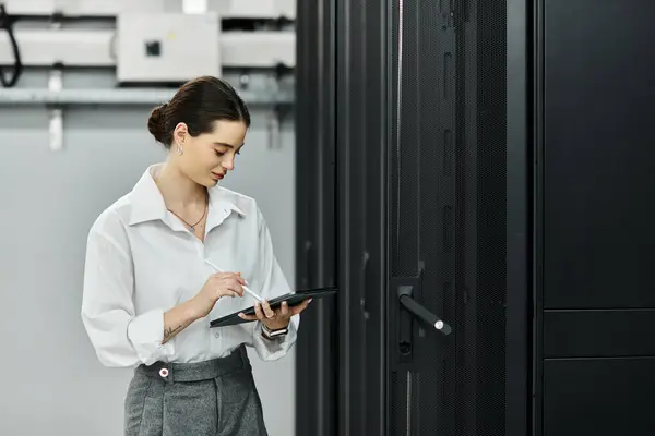 A woman in a white shirt expertly interfaces with technology in a data center. — Stock Photo
