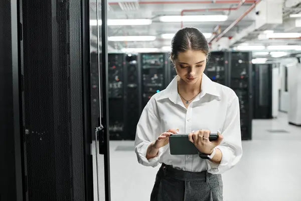 A focused woman works on her tablet in a sleek server room, ensuring smooth operations. — Stock Photo