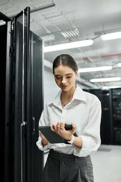 Uma mulher de camisa branca lida com tarefas-chave no departamento de TI de um data center. — Fotografia de Stock