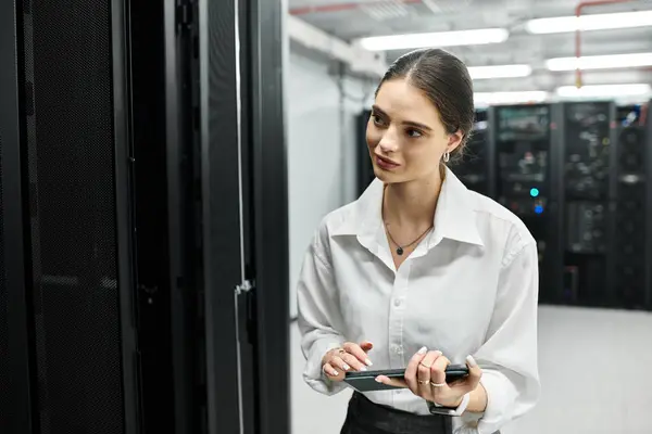 Una donna con una camicia bianca lavora diligentemente alla manutenzione del server in una struttura high-tech. — Foto stock