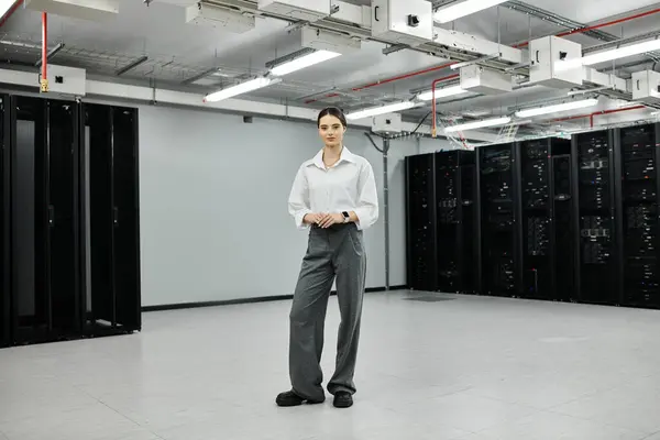 Eine Frau im weißen Hemd steht in einem eleganten, modernen Serverraum und konzentriert sich auf ihre Aufgaben.. — Stockfoto