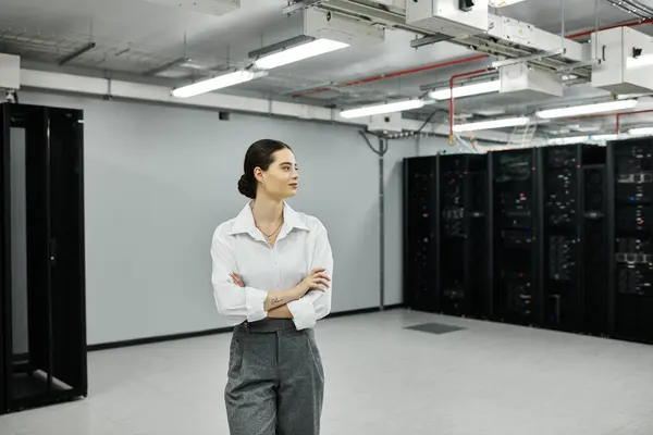 A skilled IT specialist analyzes network systems in a contemporary data center. — Stock Photo