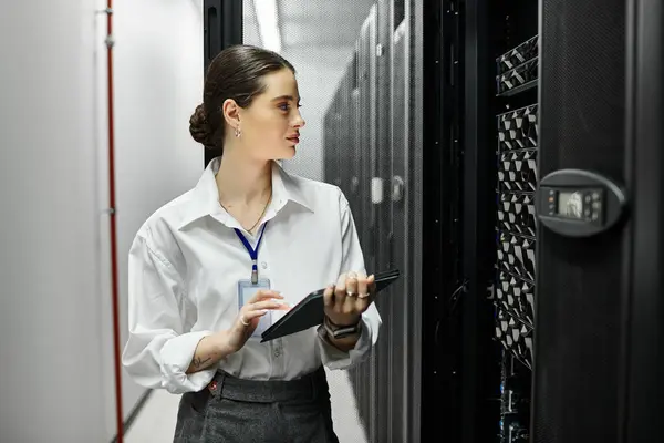 Uno specialista IT in camicia bianca gestisce le apparecchiature in un data center monitorando le prestazioni. — Foto stock