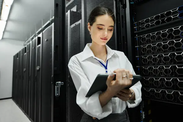 Una donna esperta in camicia bianca gestisce i sistemi server in un ambiente professionale. — Foto stock