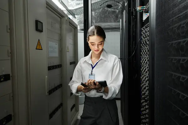 Uno specialista IT dedicato lavora sulla manutenzione del server in un data center contemporaneo. — Foto stock