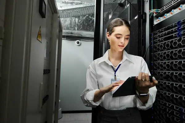 Una donna esperta in camicia bianca analizza i dati in una vivace sala server piena di tecnologia. — Foto stock