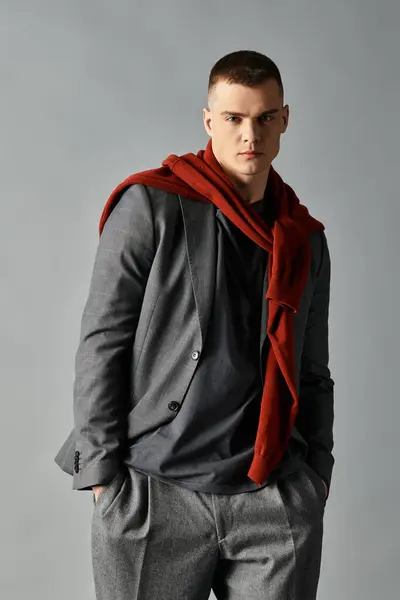 A young man stands effortlessly poised, wearing a fashionable outfit while showcasing modern style. — Stock Photo