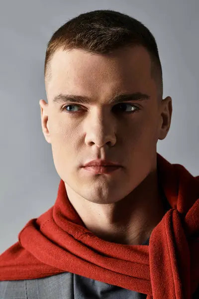 A handsome young man features a trendy haircut, dressed elegantly with a striking red scarf. — Stock Photo