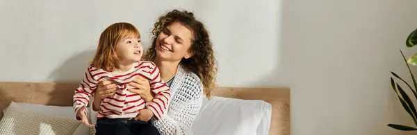 Mother and daughter share joyful moments together in their cozy home, banner — Stock Photo