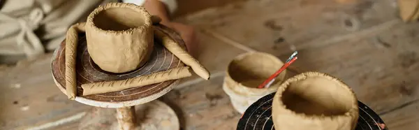 Shaped clay in a pottery class, enjoying meaningful moments, banner — Stock Photo