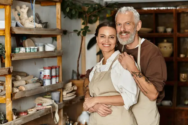 A beautiful mature couple cherishes moments creating pottery in a class. — Stock Photo