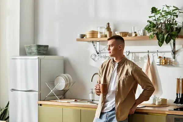 Um jovem de traje casual saboreia uma bebida quente em sua cozinha moderna, desfrutando de conforto. — Fotografia de Stock