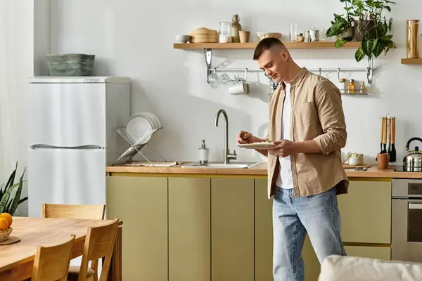 Ein fröhlicher junger Mann in lässiger Kleidung genießt eine Mahlzeit in seiner stilvollen Wohnung. — Stockfoto