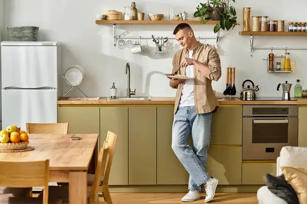 A young man enjoys a moment of culinary creativity in his stylish apartment kitchen. — Stock Photo