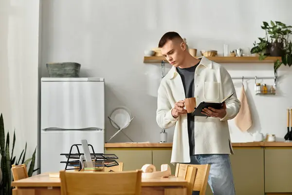 A stylish young man works remotely, sipping coffee in his sleek apartment. — Stock Photo