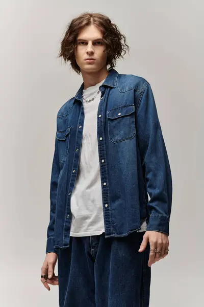 Bello giovane uomo posa con fiducia in abbigliamento casual denim con uno sfondo contemporaneo. — Foto stock