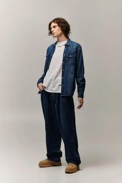 Confident young man dressed in trendy denim and casual attire striking a pose in a serene space. — Stock Photo