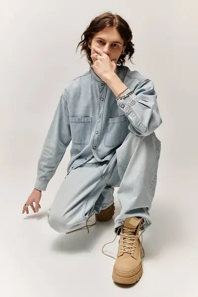 Young man in denim outfit kneels with flair, showcasing stylish boots and a relaxed vibe. — Stock Photo