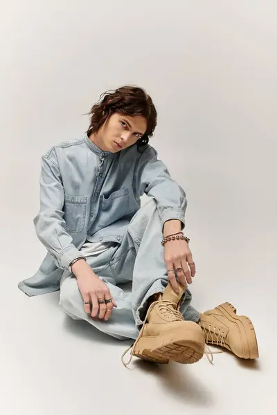 A handsome young man sits casually, displaying his fashionable look and relaxed demeanor. — Stock Photo
