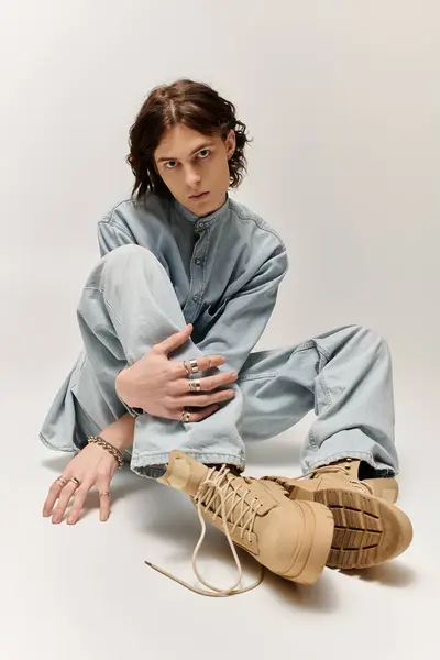 A young, handsome man dressed in denim, elegantly poses while highlighting his stylish footwear. — Stock Photo