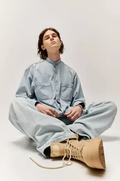 A young man displays his stylish looks while sitting comfortably on the floor in denim. — Stock Photo