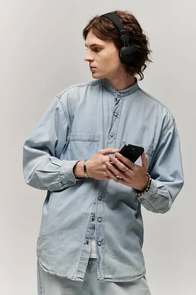 Handsome young man in denim shirt enjoys music while holding his smartphone in a chic studio. — Stock Photo