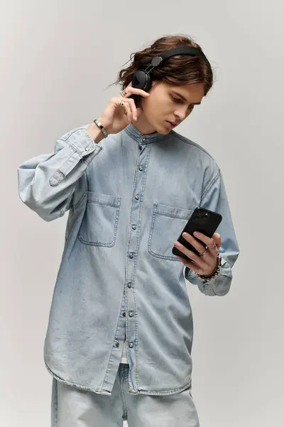 Handsome young man with headphones looks at his smartphone, immersed in his music lifestyle. — Stock Photo