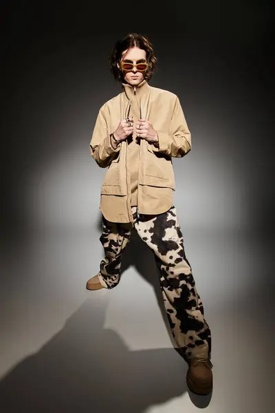 Trendy young man showcases his unique fashion sense with an elegant pose in a studio setting. — Stock Photo