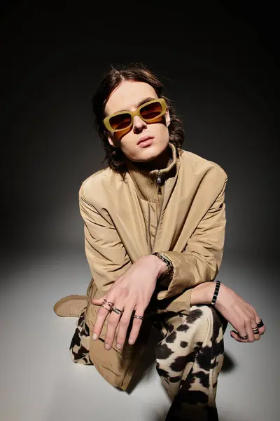 Young man exudes confidence in a fashionable outfit, highlighting his bold accessories and style. — Stock Photo