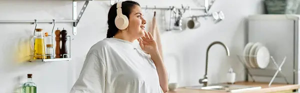 Beautiful young woman wearing headphones sways joyfully while preparing food in a bright kitchen. — Stock Photo