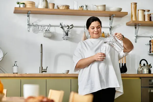 A young woman smiles while filling a glass with water in her stylish, warm kitchen. — Stock Photo