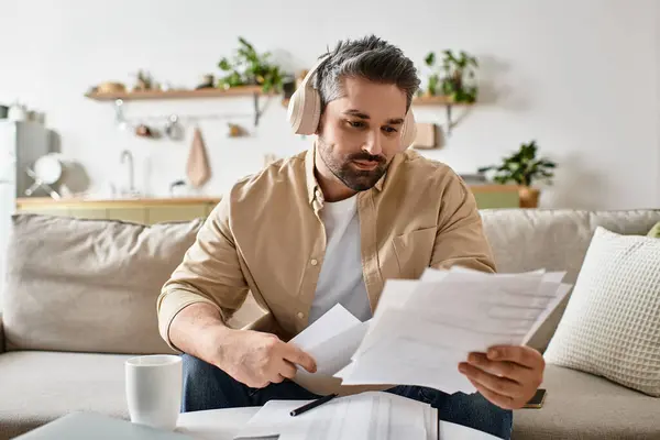 A handsome man relaxes on his couch, organizing paperwork while enjoying music. — Stock Photo