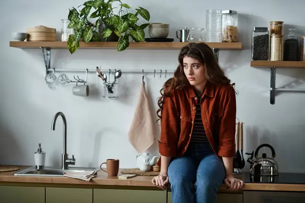 A young woman sits on the counter in a softly lit kitchen, lost in thought amid serene decor. — Stock Photo
