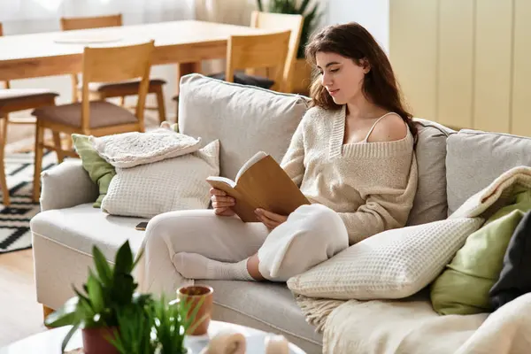 A woman sits quietly on a couch, immersed in a book, reflecting on her emotions and thoughts. — Stock Photo