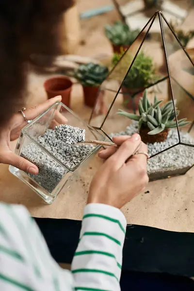 Participant organiser soigneusement le gravier et les plantes dans des récipients en verre lors d'un atelier coloré. — Stock Photo