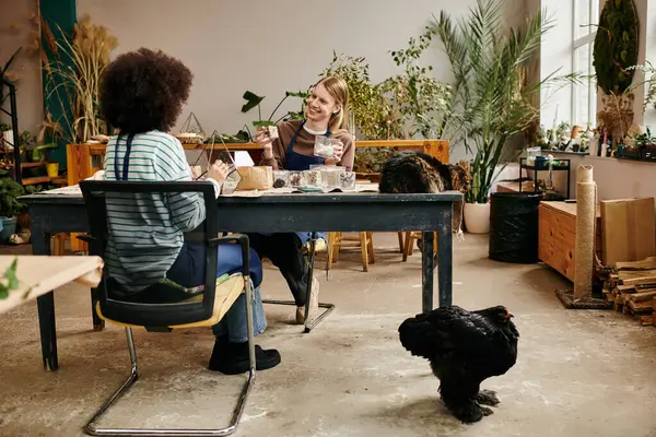 Two friends laugh as they create beautiful succulent arrangements in a fun workshop. — Stock Photo