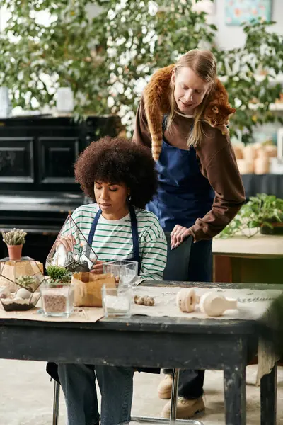 Two friends enjoy a lively workshop surrounded by thriving plants and succulents, cultivating bonds. — Stock Photo