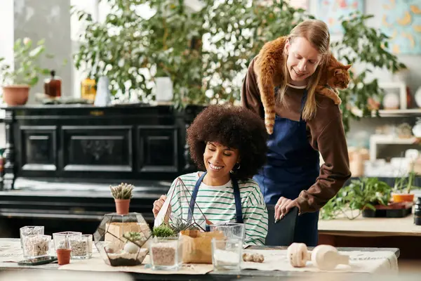 Amici gioiosamente artigianato succulente arrangiamenti mentre godendo di un laboratorio creativo insieme. — Foto stock