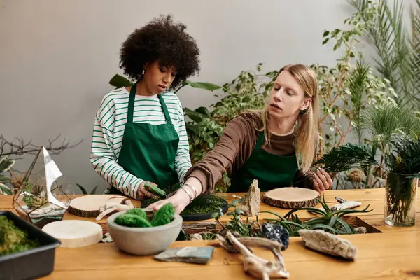 Friends explore their creativity while arranging beautiful succulents in a lively workshop setting. — Stock Photo