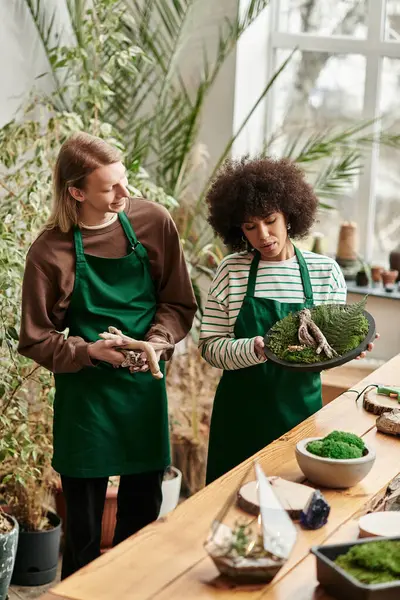Friendly participants engage in a vibrant workshop focusing on succulent planting and arrangement. — Stock Photo