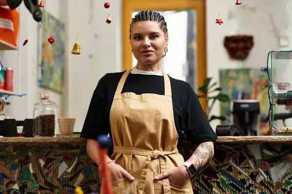 A beautiful young woman exudes warmth and charm while standing confidently in a cafe. — Stock Photo