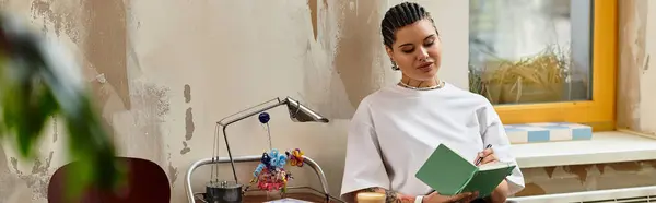 Mujer joven cautivadora escribe en su cuaderno, abrazando la inspiración en un ambiente elegante café. - foto de stock