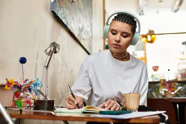 Focused young woman writes in her notebook, surrounded by a lively cafe atmosphere. — Stock Photo